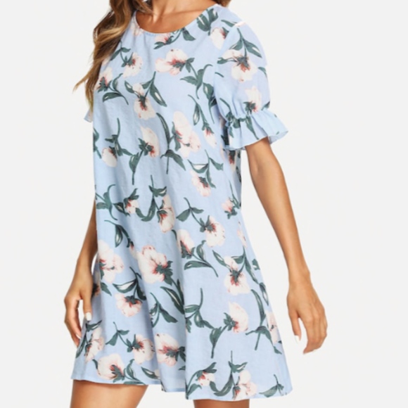Dresses & Skirts - Flounce Sleeve Light Blue Floral Dress